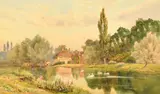 British, swans gathered mid-river with a cottage beyond by Albert George Stevens, watercolour, offered Oct 2022
