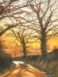 British, a view of a lane at dusk and another of a lane in winter by Ken Taylor, gouache, sold Oct 2022