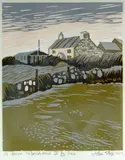 St David's head, Bwthyn & Alexander Gallery labels verso by John Stops coloured limited edition, linocut, sold Jul 2018