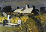 Print - Llyn Peninsula cottage & cemetery titled in by Wilf Roberts coloured limited edition, print, sold Jul 2018