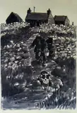 Monochrome print - farmer with sheep dog & bucket at by Kyffin Williams Ra limited edition, print, sold Jul 2018