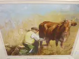 Print - farmer and cow by Anwen Roberts coloured limited edition, print, sold Jun 2018