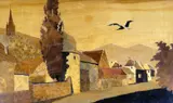 Marquetry panel - French village scene with flying stork by Charles Spindler, oil, sold Jun 2018