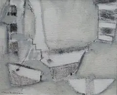 Entitled verso 'Boats in by Padraig Macmiadhachain, mixed media on canvas, sold Jun 2018