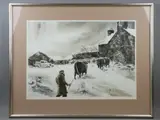 Coloured print - farmstead with farmer and cattle in the snow by Keith Andrew artist's proof, print, sold Mar 2018