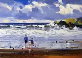 Print - coastal waves with three figures by Ed Forrest coloured limited edition, print, sold Mar 2018