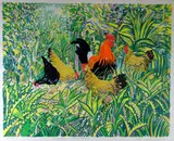 Colour print - colourful study of hens amongst undergrowth by Alex Williams limited edition, print, sold Mar 2018