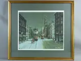Print - Manchester street scene with trams by Arthur Delaney coloured limited edition, print, sold Jan 2018