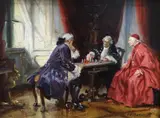 Interior scene with three figures at a table by Frank Moss Bennett, 1920, oil on canvas, sold Dec 2017