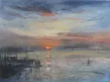 Print - sunset over the Straits at Caernarfon by William Selwyn coloured limited edition, print, sold Dec 2017