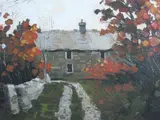 Print - Anglesey cottage with pathway and autumn by Wilf Roberts coloured limited edition, print, sold Dec 2017