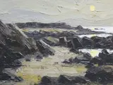 Print - sunset over North Anglesey rocky coast by Wilf Roberts coloured limited edition, print, sold Dec 2017