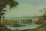 Print - the Menai Suspension Bridge with figures by Keith Andrew coloured limited edition, print, offered Dec 2017