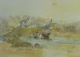 Print - Cemaes Bay Harbour with beached boats by Audrey Hind coloured limited edition, print, offered Dec 2017
