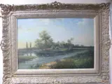 COUNTRY RIVER LANDSCAPE, with church behind river, oil on canvas, signed lower right, by K. Adams, oil on canvas, sold Jan 2017