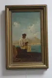 oil on canvas, approximately 29.5cm x 17cm by Seated Fisherman Fixing Nets, oil on canvas, sold Jan 2017