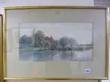 RBA (1837-1942), river landscape with figures in field beyond, ducks and figure in boat on river before house by G S Walters, oil, sold Jan 2017