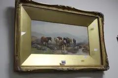 Moorland landscape with ponies watering, watercolour, signed lower left, by Tom Rowden, watercolour, sold Jan 2017