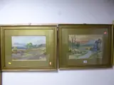 rural landscapes, shepherd herding flock of sheep and shepherd with dog on track, watercolours, both signed, each approximately 25cm x 35cm (2) by Edward D Harrison, watercolor, sold Jan 2017