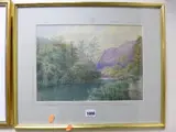 figure walking on a path through hay stacked field by windmill, by James Aumonier, watercolour, sold Jan 2017