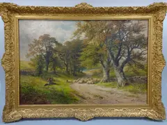 Lane Near Hopton Derbyshire' depicting sheep on lane with seated figure and dog by George Turner, 1901, oil on canvas, sold Dec 2016