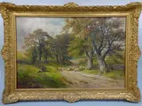 Lane Near Hopton Derbyshire' depicting sheep on lane with seated figure and dog by George Turner, 1901, oil on canvas, sold Dec 2016
