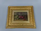 still life study, fruit, plums and berries on mossy bank, oil on canvas by George Clare, oil on canvas, sold Dec 2016