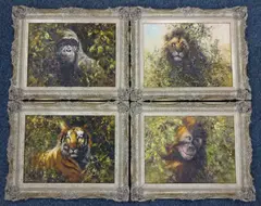 animal portrait studies, Lion, Gorilla, Orangutan and Tiger amongst foliage, oils on canvas, each signed lower right, approximately 29.5cm x 39.5cm (4) by Tony Forrest, oil, sold Dec 2016