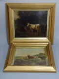 oil, monogrammed JC lower right, approximately 20.5cm x 26cm, together with long horned cows watering by Sheep In Country Landscape, oil, sold Dec 2016