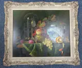 still life study, fruit, Chinese ginger jar, clock under dome and glass of wine on table by Raymond Campbell, oil on board, sold Dec 2016