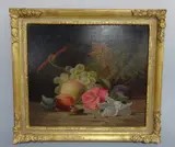 still life fruit and flowers before mossy background, signed H G. Todd and by Henry George Todd, 1886, oil on canvas, sold Dec 2016