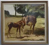 mare and foal in field, oil on board, signed and dated 84 lower right, by Samuel Marriott, oil on board, sold Dec 2016