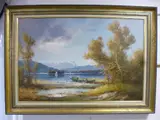 GERMAN, BOATS ON LAKE IN MOUNTAINOUIS LANDSCAPE, with fishermen and women tending nets, by Hans Wagner, oil on canvas, sold Dec 2016