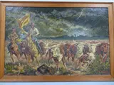 cowboys herding cattle under stormy skies with lightning, oil by Arthur Delaney, 1968, oil, sold Nov 2016