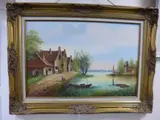 Continental river scene, oil on canvas, signed lower left, approximately 50cm x 75cm by R van Elst, oil on canvas, sold Nov 2016