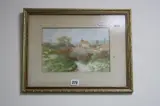 countryside landscape with church beyond field and lane, watercolour, by Howard Gaye, watercolour, sold Nov 2016