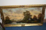 river landscape with figure fishing, cottages etc, signed lower right, by D. Mecklenroich, oil, sold Oct 2016