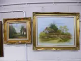 (20th Century), cottage by lane with figures by pond with dog and ducks, oil on canvas, by D Sanders, oil on canvas, sold Oct 2016