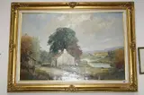 country cottage on lane before river with village yonder, signed lower left, oil on by G.s. Moody, oil on canvas, sold Aug 2016