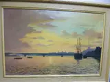 boats on river before city scape in shadow, oil on canvas, signed by Kenneth Jepson, oil on canvas, sold Aug 2016
