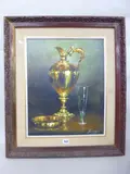 still life ewer and glass, oil, signed lower right, approximately 49.5cm by Denzil Herring, oil, sold Jun 2016