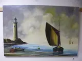 Prison Art, (the Barn Restaurant Murderer), lighthouse on rocks before ship at sea, by John Brook, oil on canvas, sold Jun 2016