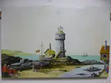 Prison Art, (the Barn Restaurant Murderer), Fishermen in boats at sea by lighthouse, oil by John Brook, 1982, oil on canvas, sold Jun 2016