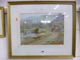 rural watercolour, sheep being herded in mountainous landscape, signed lower by Edward D Harrison, watercolour, sold Jun 2016