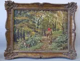Huntsmen on horseback with Hounds in woodland, oil on canvas, signed bottom by Neil Cawthorne, oil on canvas, offered Jun 2016