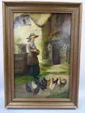 country scene with woman feeding chickens in yard before thatched cottage by David W. Haddon, oil on canvas, sold May 2016