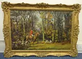 Huntsman on horseback with Hounds passing woodland, oil on canvas, signed by Neil Cawthorne, oil on canvas, sold May 2016
