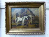 oil on panel, depicting horse in country farmyard before cottage and hay stacks with chickens to foreground by James J. Williams, oil on panel, sold May 2016