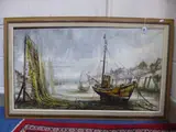 oil on canvas, ships in dry harbour, signed bottom right, approximately 54.5cm x by Ben Maile, oil on canvas, sold May 2016