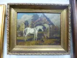 oil on panel, depicting horse in country farmyard before cottage and hay stacks with chickens to foreground by James J. Williams, oil on panel, sold Mar 2016